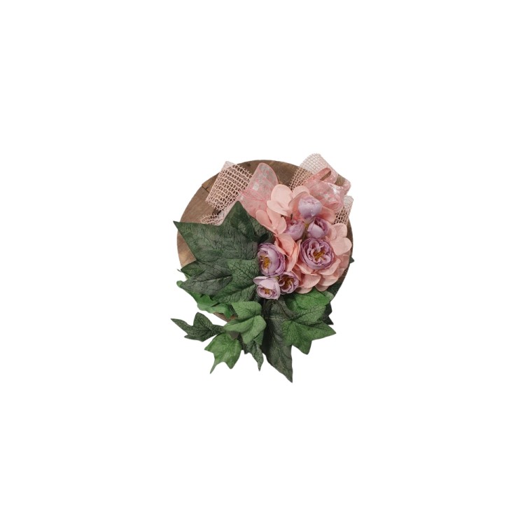 Στεφάνι-τελάρο ξύλινο με λουλούδια ροζ-λιλά 21cm