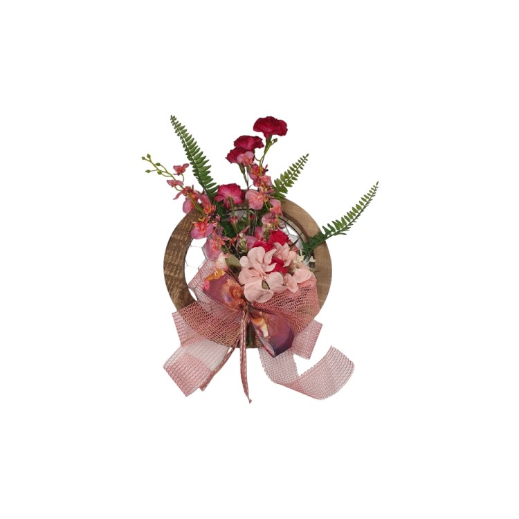 Στεφάνι-τελάρο ξύλινο με λουλούδια φούξια-λιλά 27cm