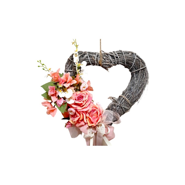 Διακοσμητική καρδιά πλεκτή με βουκαμβίλιες και τριαντάφυλλα 40cm
