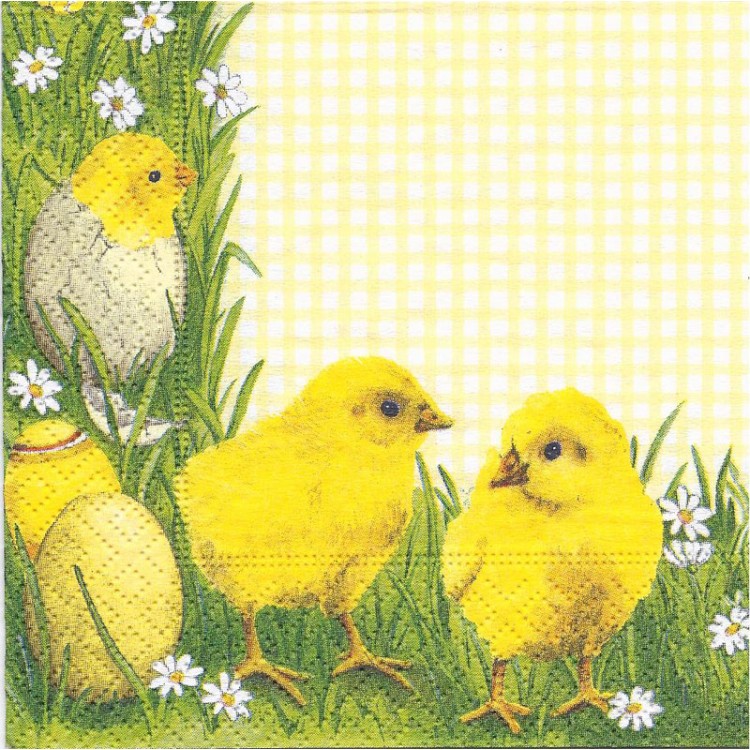 Χαρτοπετσέτα Κοτοπουλάκια-Πασχαλινά αυγά καρώ κίτρινο 25x25cm(20