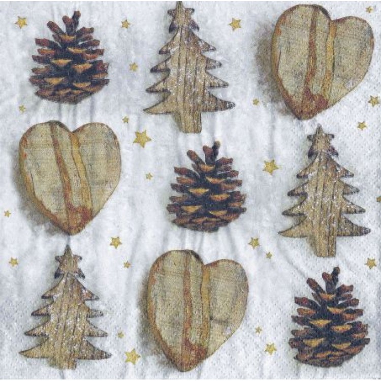 Χαρτοπετσέτα ξύλινα δεντράκια-καρδιές-κουκουνάρια 33x33cm/τεμάχιο