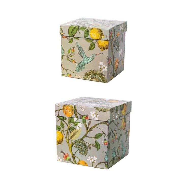 Κουτί χάρτινο τετράγωνο γκρι με σχέδια πουλιά και λουλούδια