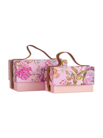 Κουτί χάρτινο ορθογώνιο ροζ με δερμάτινο χερούλι και σχέδιο λουλούδια