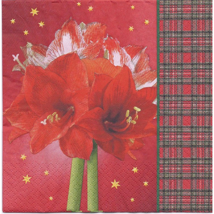 Χαρτοπετσέτα με λουλούδι κόκκινο και καρώ πλαϊνό σχέδιο 33x33cm/τεμάχιο