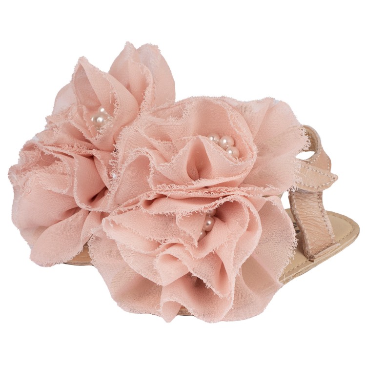 Βαπτιστικό δερμάτινο πέδιλο αγκαλιάς με υφασμάτινα λουλούδια ροζ αντικέ Babywalker