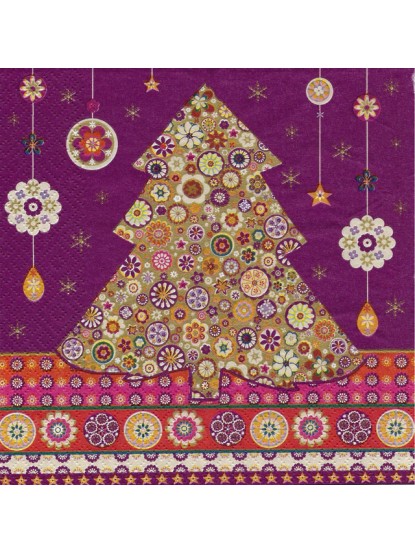 Χαρτοπετσέτα με Χριστουγεννιάτικο Δέντρο-Μωβ Φόντο 33x33cm/τεμάχιο