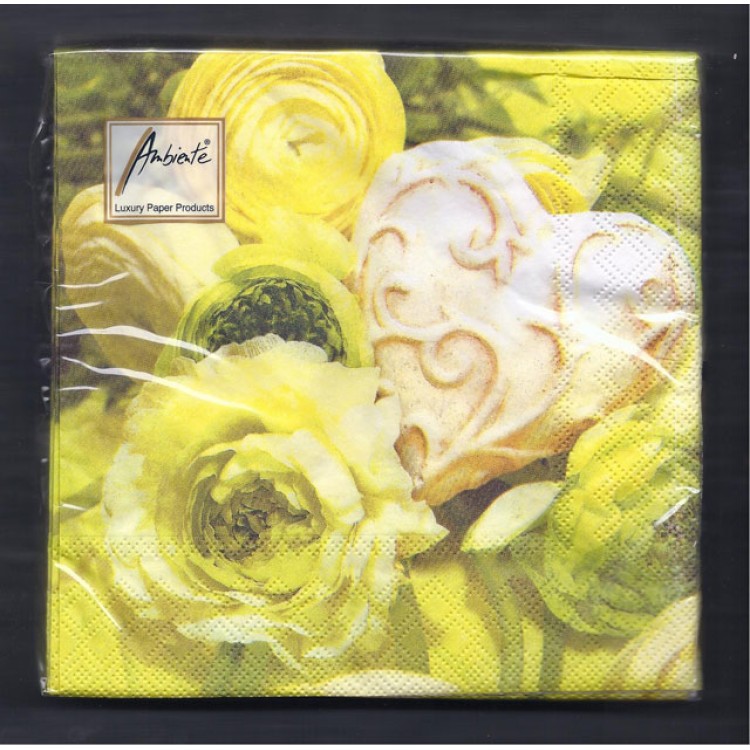 Χαρτοπετσέτα Καρδιά-Λαχανί και κίτρινα Λουλούδια 33x33cm