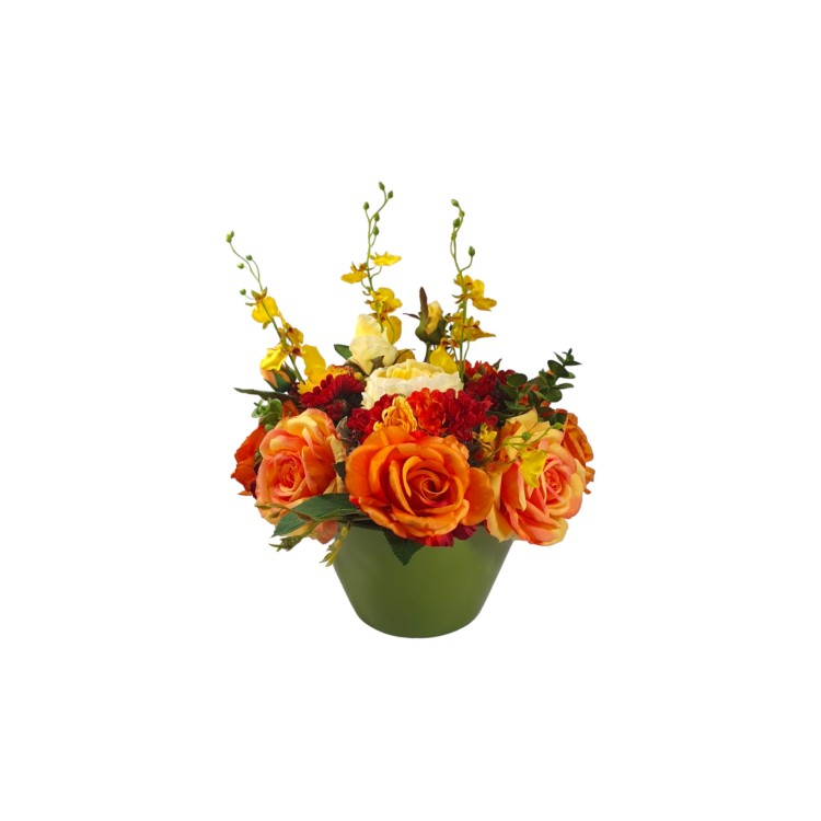 Κασπώ πράσινο κεραμικό με σύνθεση λουλουδιών πορτοκαλί κίτρινο 35cm