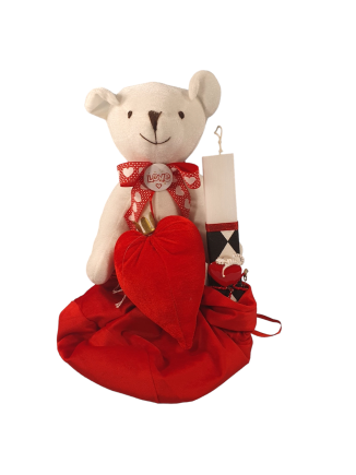 Αρκουδάκι "Love" σε πουγγι με λαμπάδα καρφίτσα καρδιά και βραχιόλι