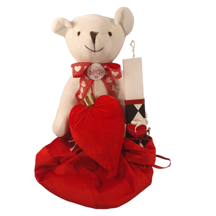 Αρκουδάκι "Love" σε πουγγι με λαμπάδα καρφίτσα καρδιά και βραχιόλι