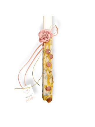 Πασχαλινή λαμπάδα με χειροποίητο κολιέ και βελούδινο τριαντάφυλλο