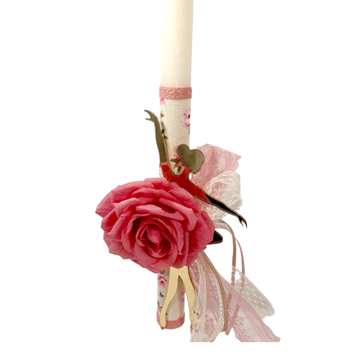 Πασχαλινή λαμπάδα με μπαλαρίνα πλέξιγκλας και τριαντάφυλλο